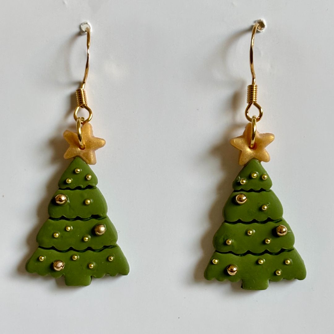 Handcrafted Clay Christmas Tree Dangle Earrings, 0.75 x 2 in