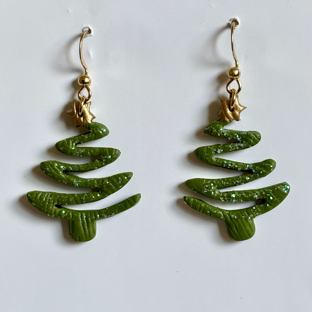 Handcrafted Clay Glitter Christmas Tree Dangle Earrings, Gold Hooks