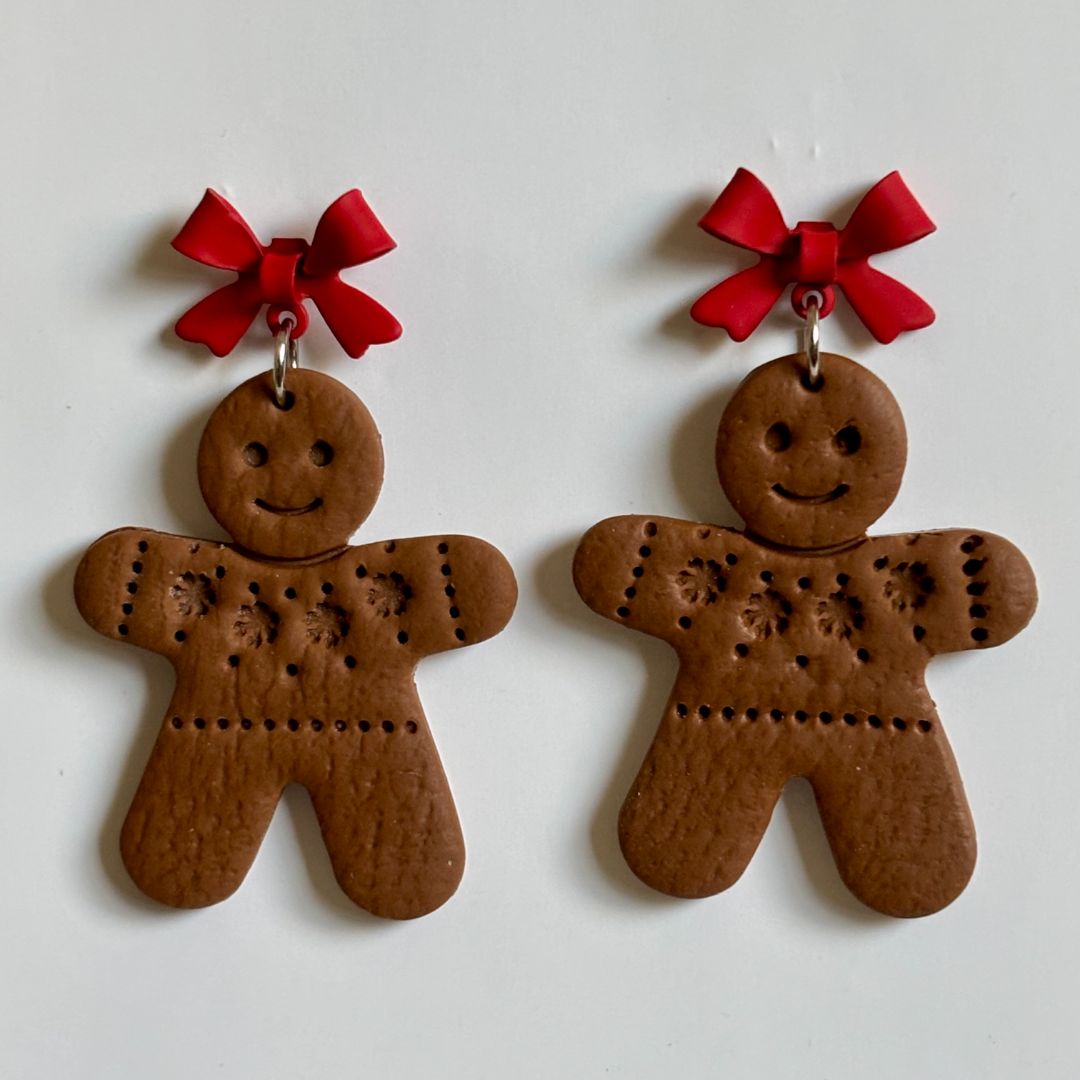 Polymer Clay Gingerbread Dangle Earrings, Red Bow Stud Posts
