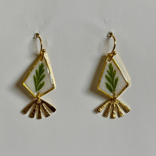 Resin Pressed Leaf Dangle Earrings with Brass Fan Pendant, Gold Hooks