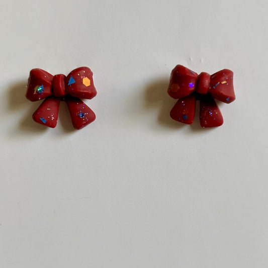 Handcrafted Clay Red Bow Stud Earrings, Stainless Steel Posts