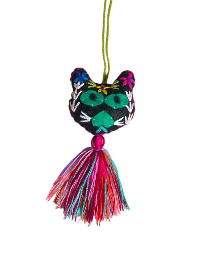 Handcrafted Kitty Embroidered Charm with Tassel - Mexican Folk Art Bag Charm & Keychain Ornament