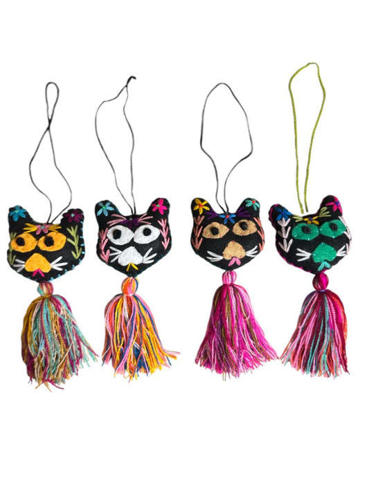 Handcrafted Kitty Embroidered Charm with Tassel - Mexican Folk Art Bag Charm & Keychain Ornament