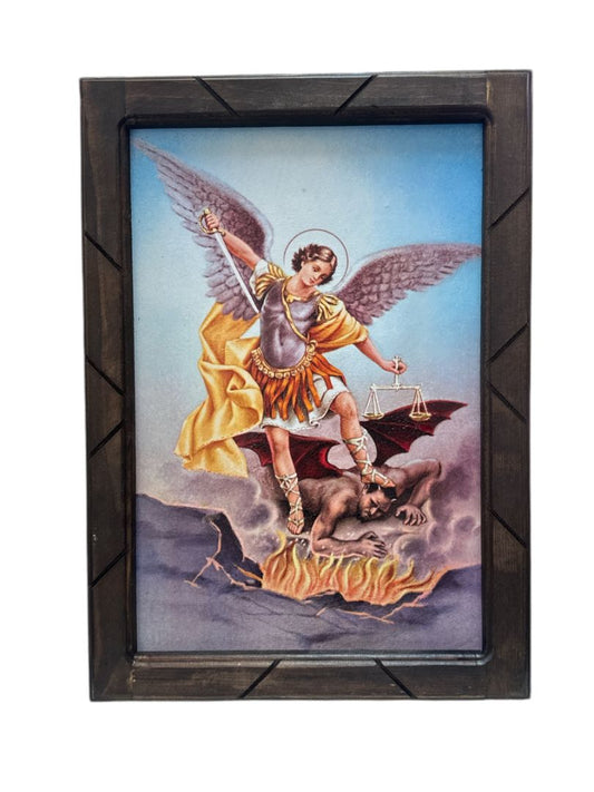 Saint Michael Archangel Print in Handcrafted Pine Wood Frame - 13 x 17.5 Wall Art