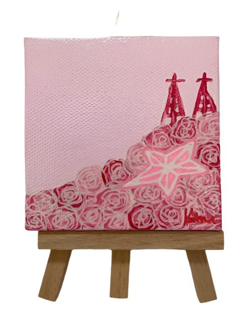 Pink Roses Mini Painting on Easel – El Paso-Inspired Canvas (3" x 3")