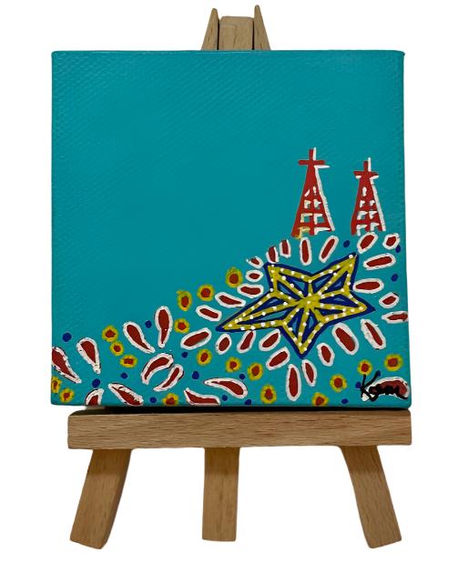 "Blue Fiesta" Mini Painting on Easel – El Paso-Inspired Canvas (3" x 3")