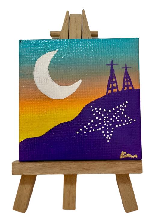 "Bright Night" Mini Painting on Easel – El Paso Nightscape Canvas (2.75" x 2.75")