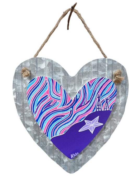 El Paso Night Scene Metal Heart Sign – Hand-Painted Plaque with Jute Cord