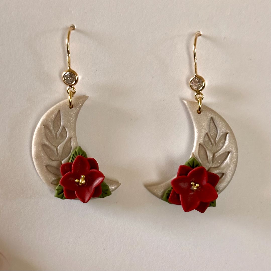 Handcrafted Polymer Clay Poinsettia Moon Dangle Earrings with 18k gold plated cubic zirconia hooks, L 2 in x W 0.5 in Jewelry-Earrings
