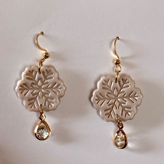 Handcrafted Polymer Clay Snowflake Dangle Earrings with 18k gold plated stainless steel hooks, teardrop gemstone pendant, L 1.75 in x W 1 in