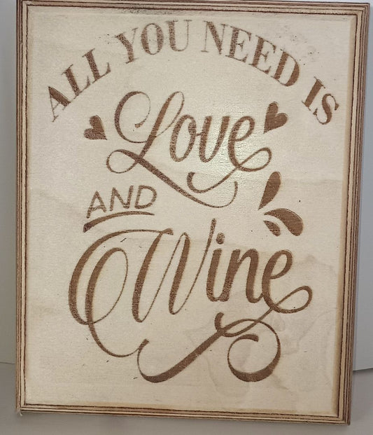 Plaque "Love and Wine" Maple Wood Lasered 7 by 8 inches