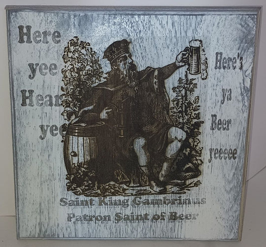 Plaque Saint KIng Gambrinus Wood Distressed White Lasered 10 by 10 inches