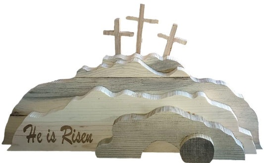 Religious Art "He Has Risen" Calvary Hill Empty Tomb Distressed Pine Standing 11 by 15 inches