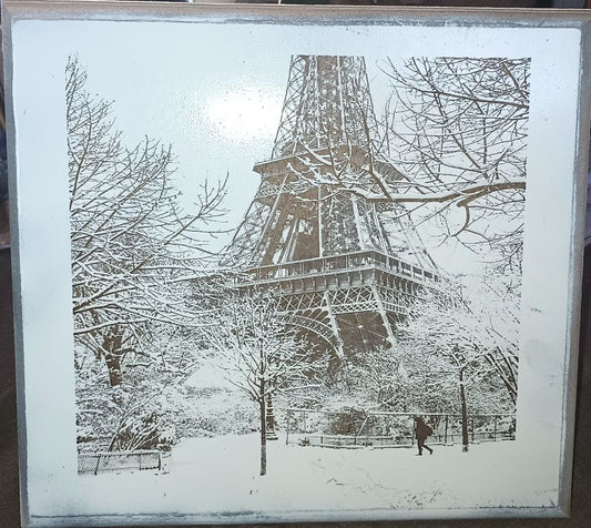 Plaque French Eiffel Tower in Snow Maple Lasered Wood Wall Art 12 x 12 inches