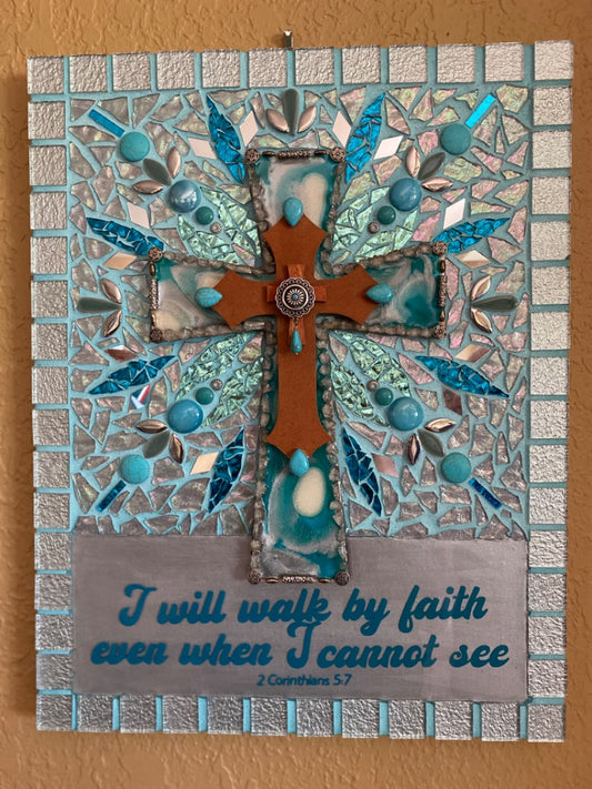 "I Will Walk by Faith" Resin Mosaic Art – Turquoise Stones & Mirrored Glass 14x18