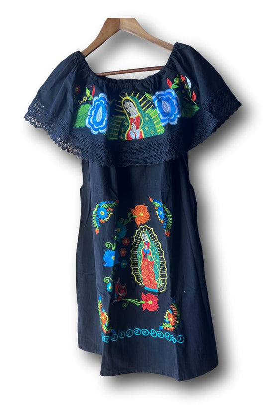 Lady of Guadalupe Embroidered Black Dress | Virgen De Guadalupe Mexican Dress | Embroidery