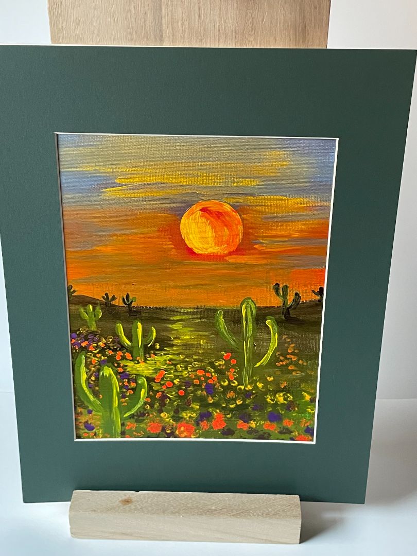 8x10 Photo of Sunset Desert Acrylic Painting, 11x14 Green Frame