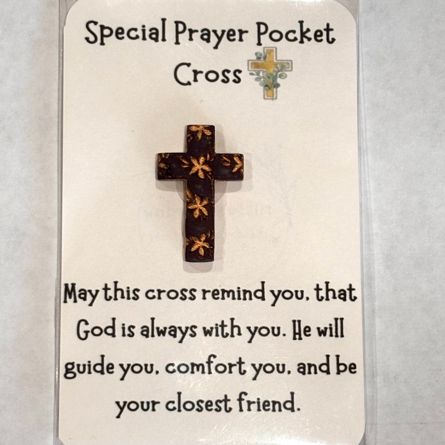Handmade polymer clay textured floral cross in forest green, maroon, and plum purple, small pocket hug card by Melissa Cortinas