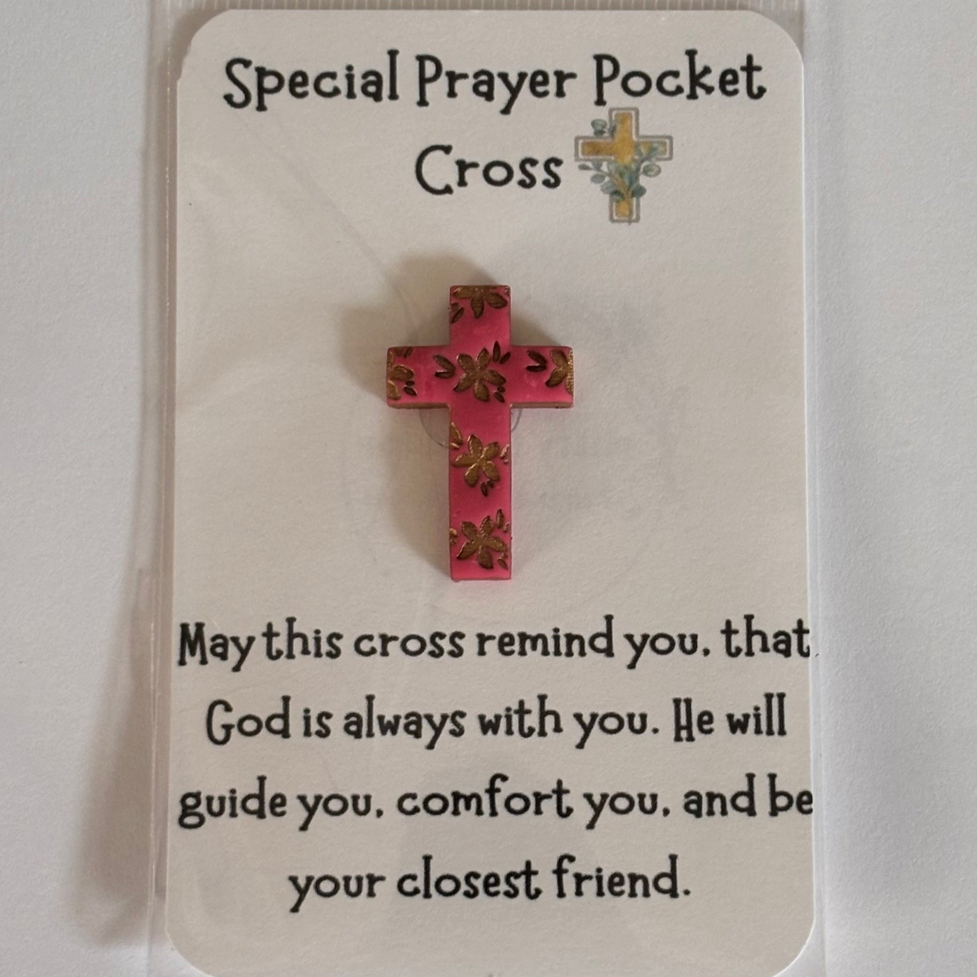 Handmade polymer clay floral cross pocket hug card in forest green, maroon, and plum purple, 3x2 inches, jewelry and emotional support gift