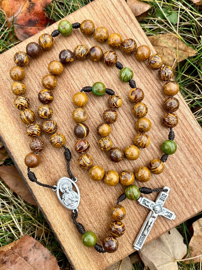 Five Decade Catholic Rosary – Elephant Skin Jasper Beads with Sacred Heart Center & Fatima Crucifix