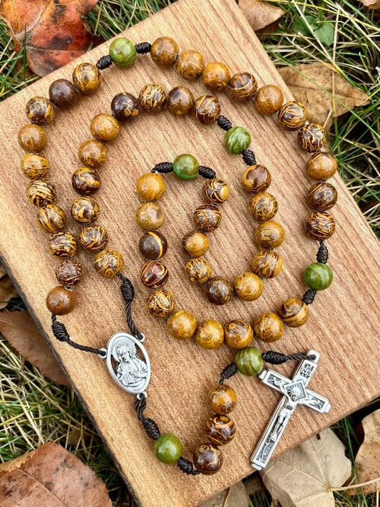 Five Decade Catholic Rosary – Elephant Skin Jasper Beads with Sacred Heart Center & Fatima Crucifix