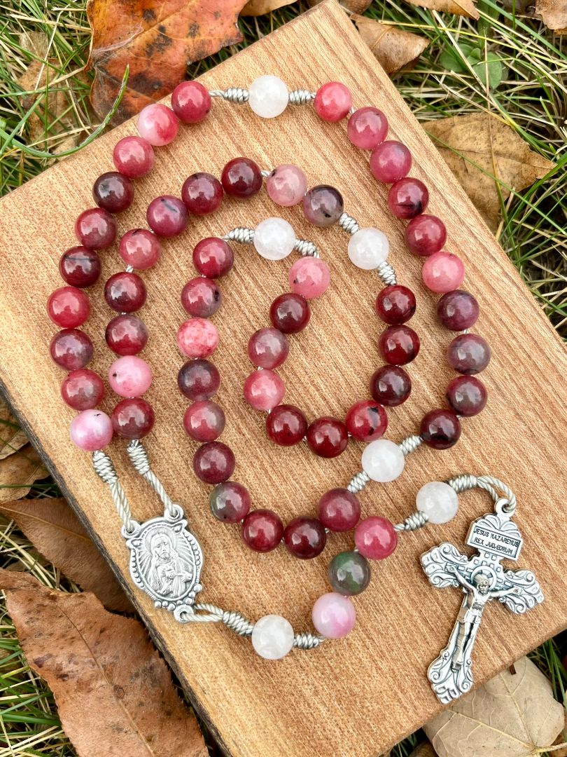 Five Decade Catholic Rosary – Jade Gemstone Beads with Sacred Heart Center & Pardon Crucifix