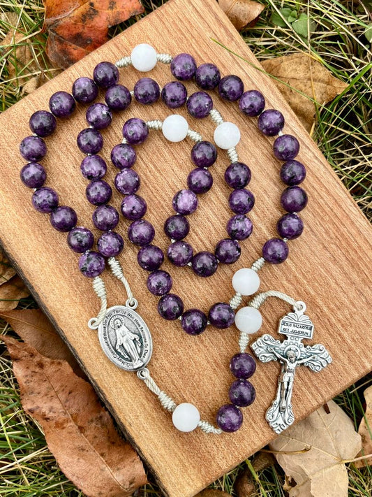 Five Decade Catholic Rosary – Labradorite and Jade Gemstones with Miraculous Medal Center & Pardon Crucifix