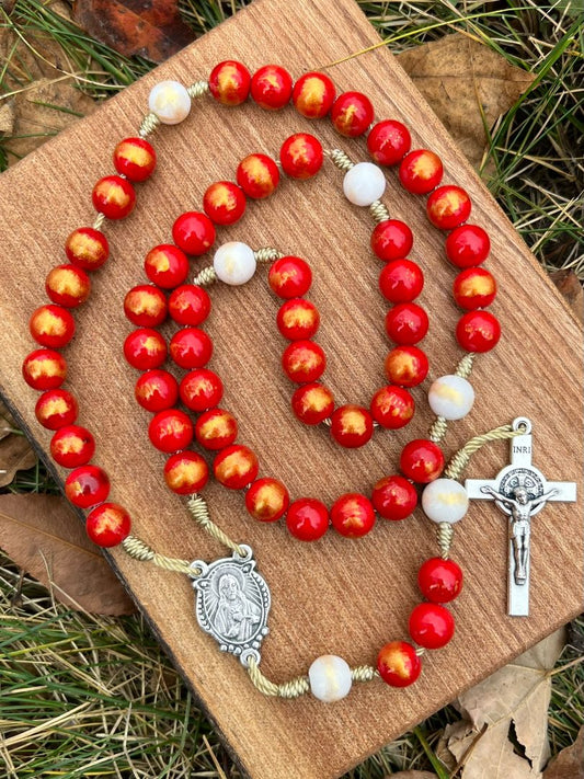 Five Decade Catholic Rosary – Red and Gold Jade Gemstones with Sacred Heart Center & Saint Benedict Crucifix