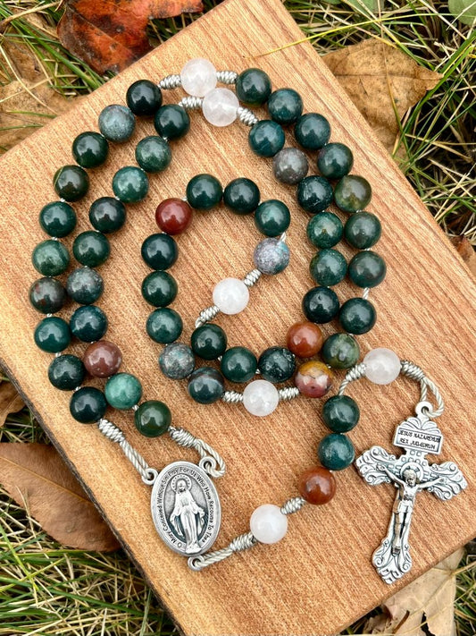 Five Decade Catholic Rosary – Indian Agate Beads with Miraculous Medal Center & Pardon Crucifix