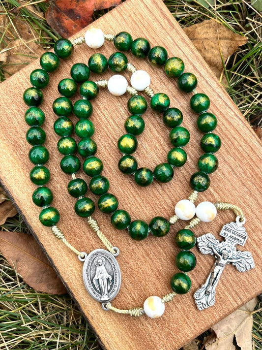 Five Decade Catholic Rosary – Green and Gold Jade Stones with Miraculous Medal Center & Pardon Crucifix