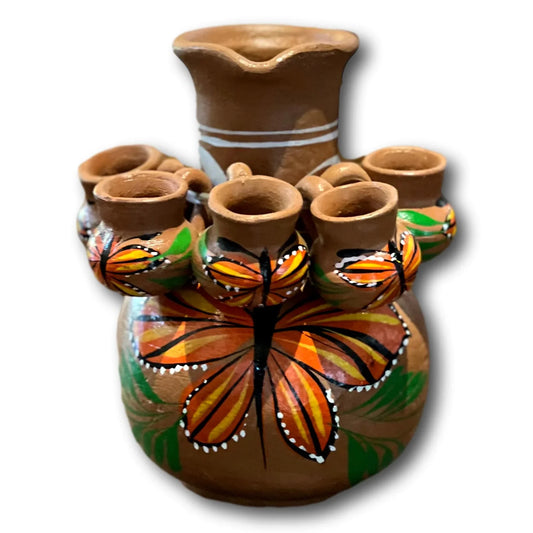 Handcrafted Natural Pitcher with Matching Mini Cups Decorated with Monarc Butterflies - Ysleta Mission Gift Shop