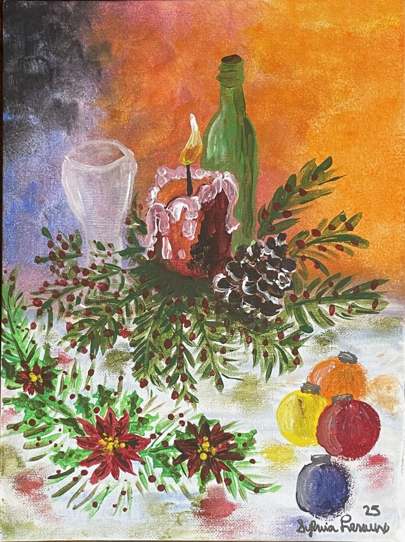 Acrylic Still Life Painting – Wine, Candle, Pine Cone & Garland (9×12)