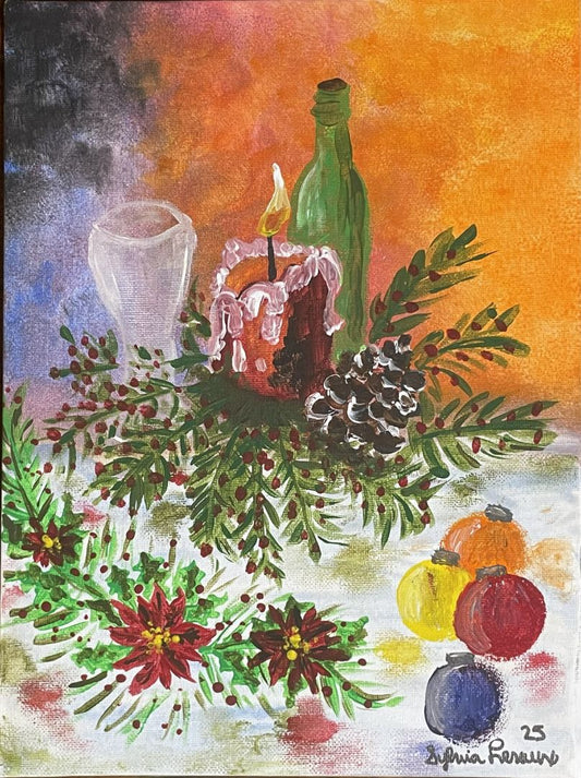 Acrylic Still Life Painting – Wine, Candle, Pine Cone & Garland (9×12)