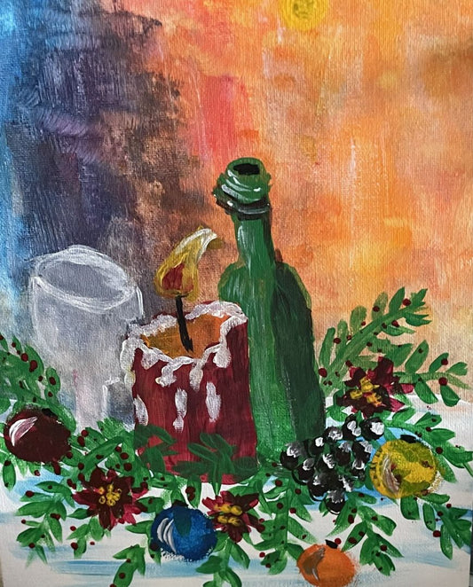 Christmas Still Life Acrylic Painting – Wine, Candle, Poinsettias (9×12)