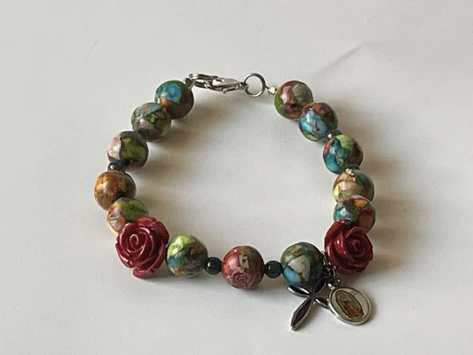 Agate & Rose Rosary Bracelet with Red Rose Beads – 7"
