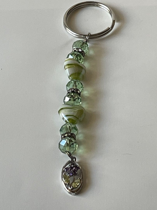 Green Glass Heart Beaded Keychain with Silver Charm – 4"