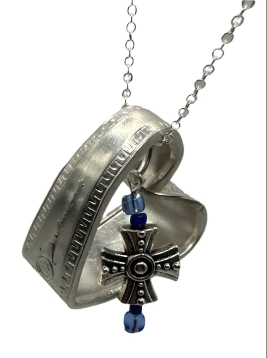 Blue Glass and Silver Cross Heart Necklace with Vintage Spoon Handle Pendant on Sterling Silver Chain, 20 Inches