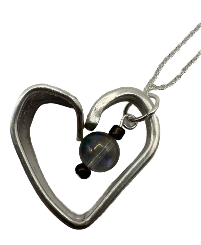 Grey Mermaid Glass and Black Stone Heart Necklace with Vintage Spoon Handle Pendant on Sterling Silver Chain, 20 Inches