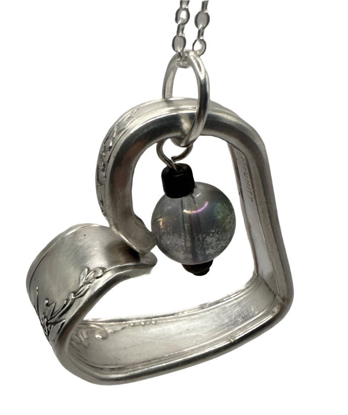 Grey Mermaid Glass and Black Stone Heart Necklace with Vintage Spoon Handle Pendant on Sterling Silver Chain, 20 Inches