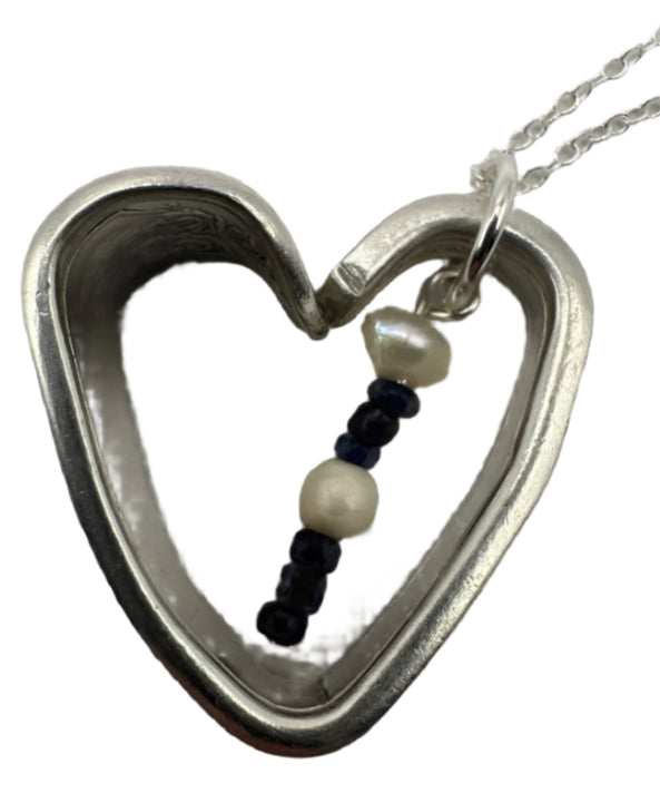 Freshwater Pearl and Black Stone Heart Necklace with Vintage Spoon Handle Pendant on Sterling Silver Chain, 20 Inches