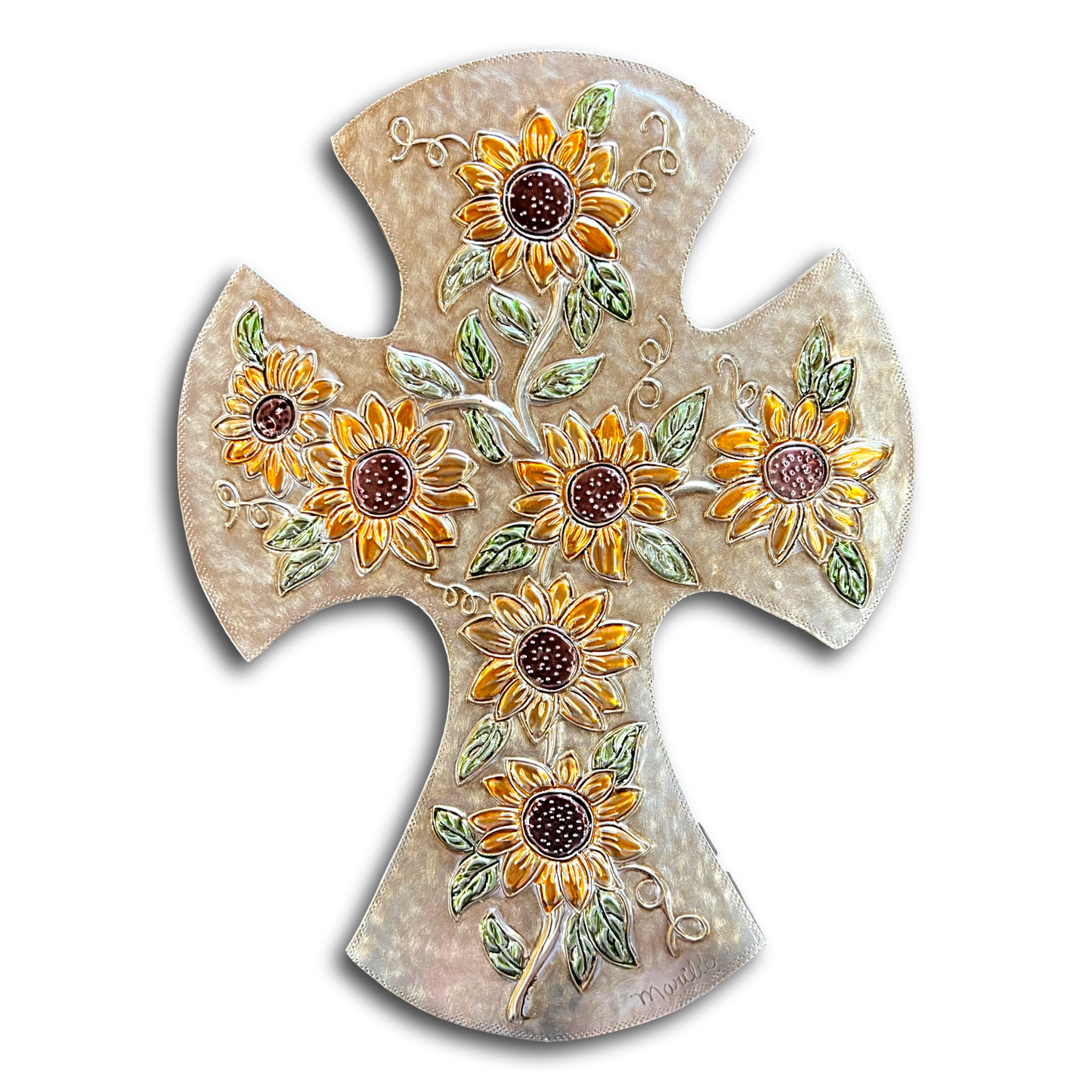 Hand-Embossed Sunflower Aluminum Cross – Real Wood Backing | Rustic Catholic Wall Decor