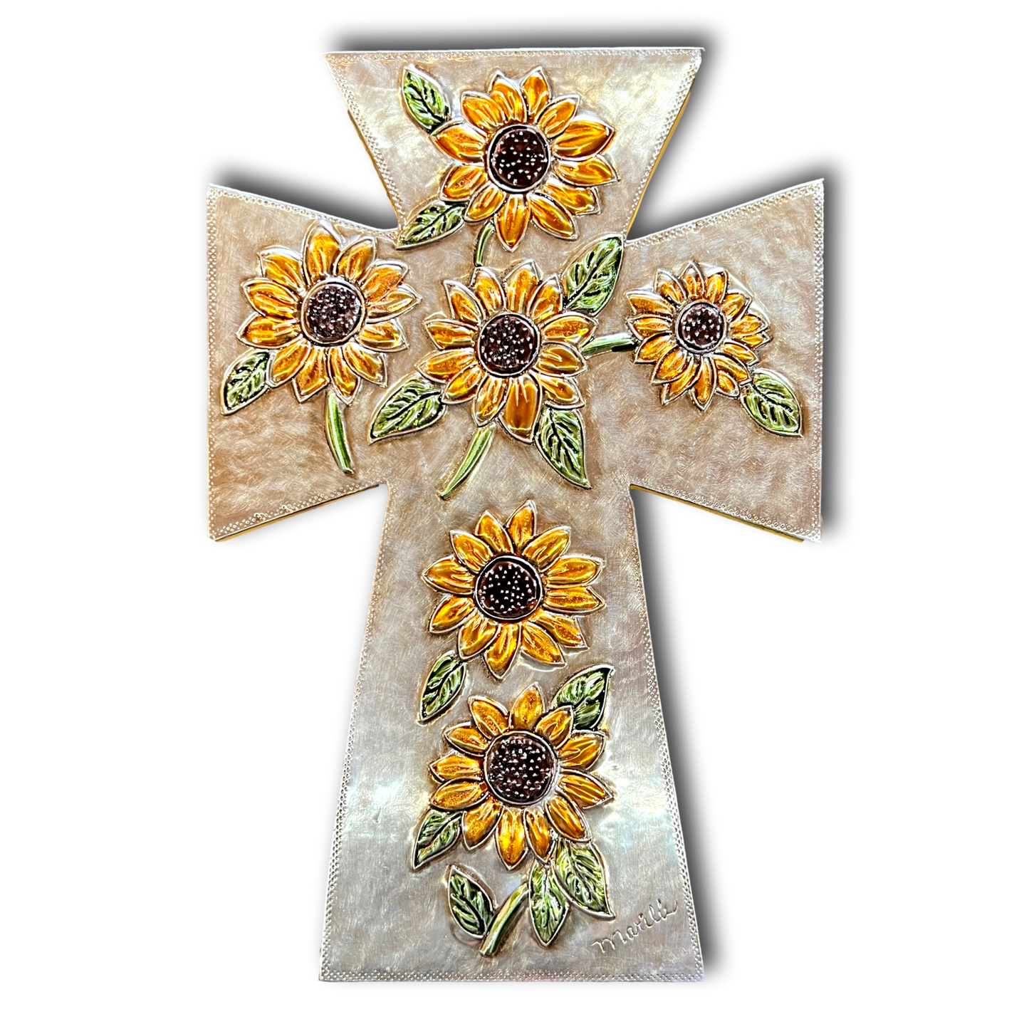 Hand-Embossed Sunflower Aluminum Cross – Real Wood Backing | Rustic Catholic Wall Decor