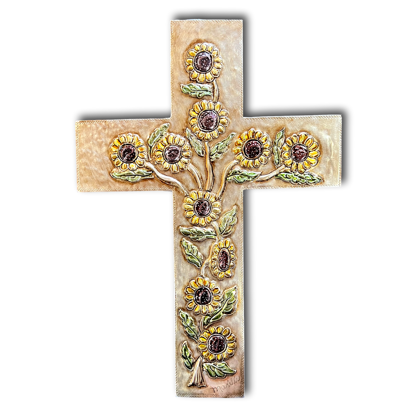 Hand-Embossed Sunflower Aluminum Cross – Real Wood Backing | Rustic Catholic Wall Decor