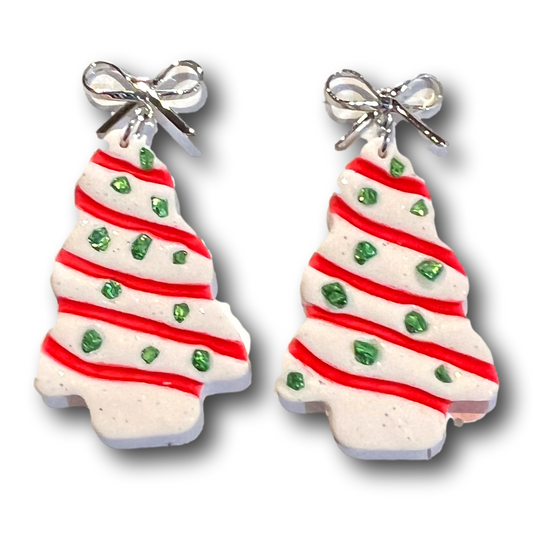 Handcrafted Clay Christmas Tree Cake Dangle Earrings-Silver bow hooks, 1 in W x 2 in L