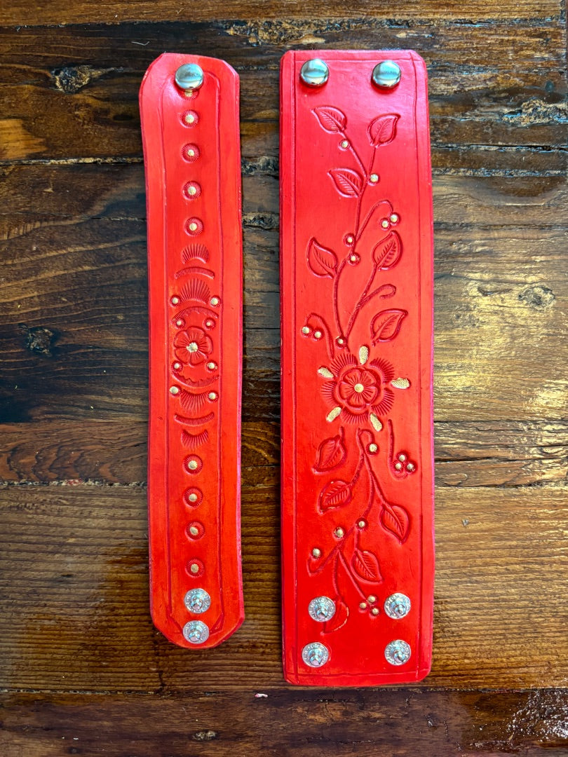 Red Leather Bracelet with Floral Design – Handcrafted Boho Jewelry 8.5"