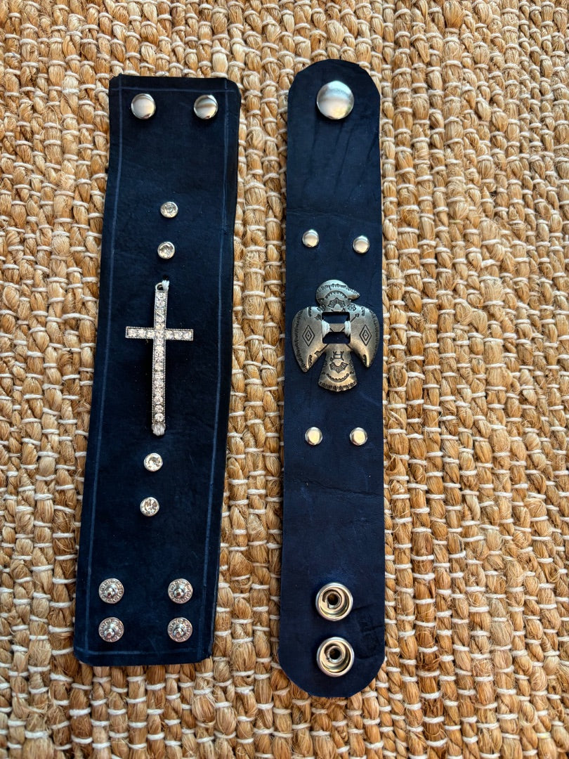 Navy Blue Leather Bracelet with Silver Cross and Concho Bird – Handcrafted Southwestern Jewelry 9"