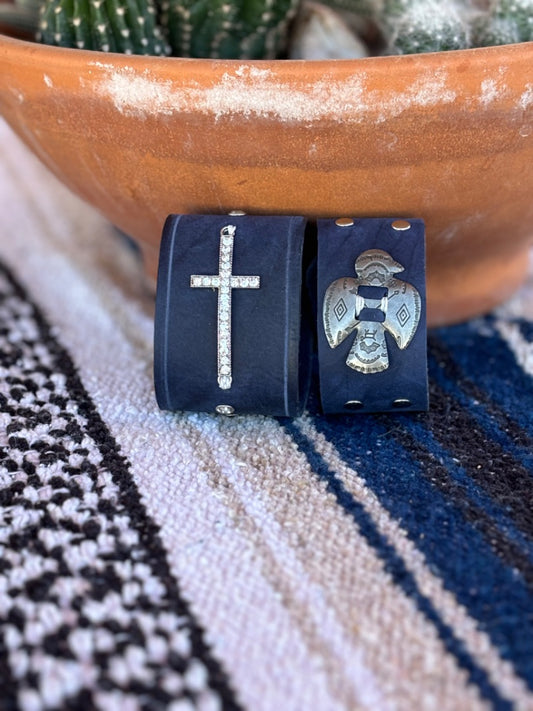 Navy Blue Leather Bracelet with Silver Cross and Concho Bird – Handcrafted Southwestern Jewelry 9"