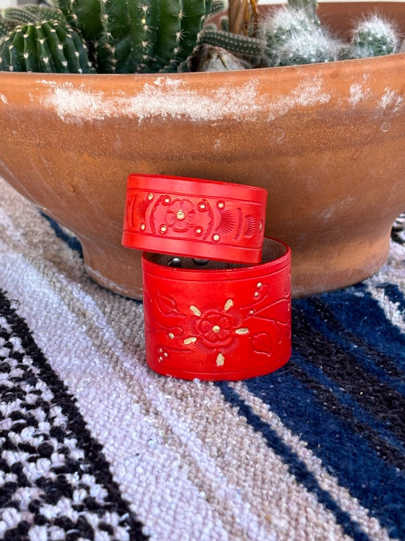 Red Leather Bracelet with Floral Design – Handcrafted Boho Jewelry 8.5"