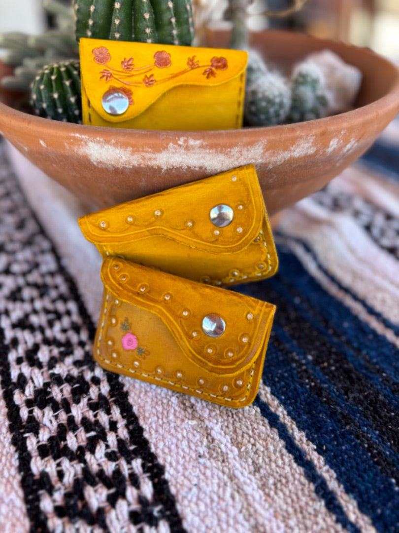 Yellow Leather Coin Purse with Floral Design – Handmade Leather Accessory 4" x 2.5"