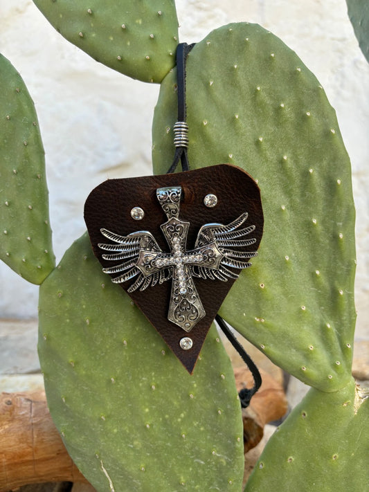 Leather Necklace with Silver Cross and Angel Wings on Leather Heart Pendant – Handmade Spiritual Jewelry 4" x 3.5"